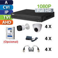 Kit de  4 Cámaras 1080p /  FULL HD para INSTALAR con UTP, Grabador  4Ch, Transformadores y Baluns Dahua